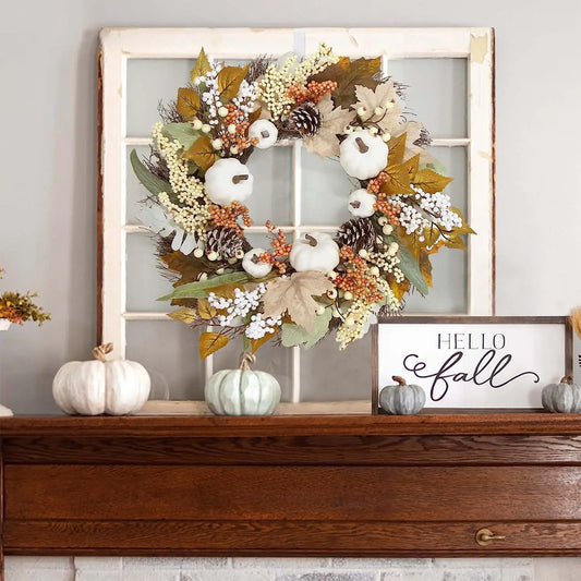 Autumn White Pumpkin Wreath Thanksgiving Decoration Maple Leaf Wreath For Front Door Hanging Indoor Outdoor Wall Home Decor