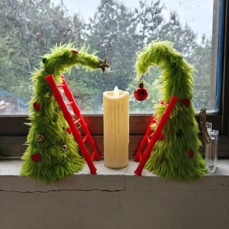 Bendable Christmas Tree Fluffy Green Desktop Xmas Tree with Ladder Grinch Themed Holiday Decor Festive Home Office Decoration