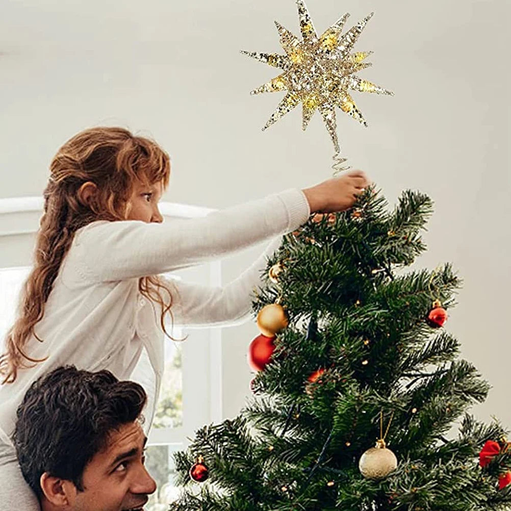 Christmas Star Tree Topper 3D Geometric Stars Decorative LED Lights Battery Operated Beautiful Star Lighting With Springy Base