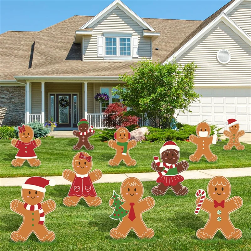 10Pcs Gingerbread Yard Decorative Signs Christmas Garden Patio Ornament Easy Install Xmas Winter Home Decor Ground Stake