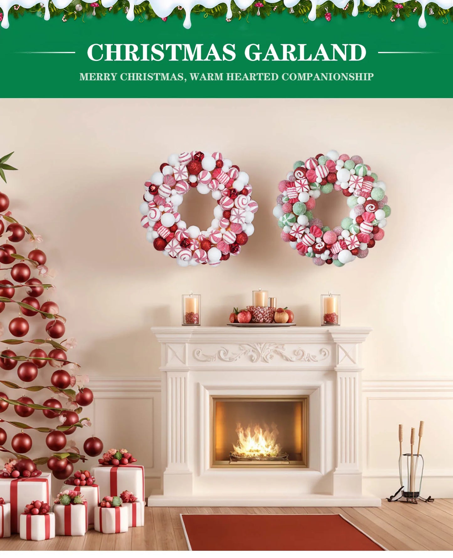 45cm Sweet Christmas Wreath Candy Christmas Ball Decor Garlands For Doors Home Decor Merry Christmas 2024 New Year Decoration