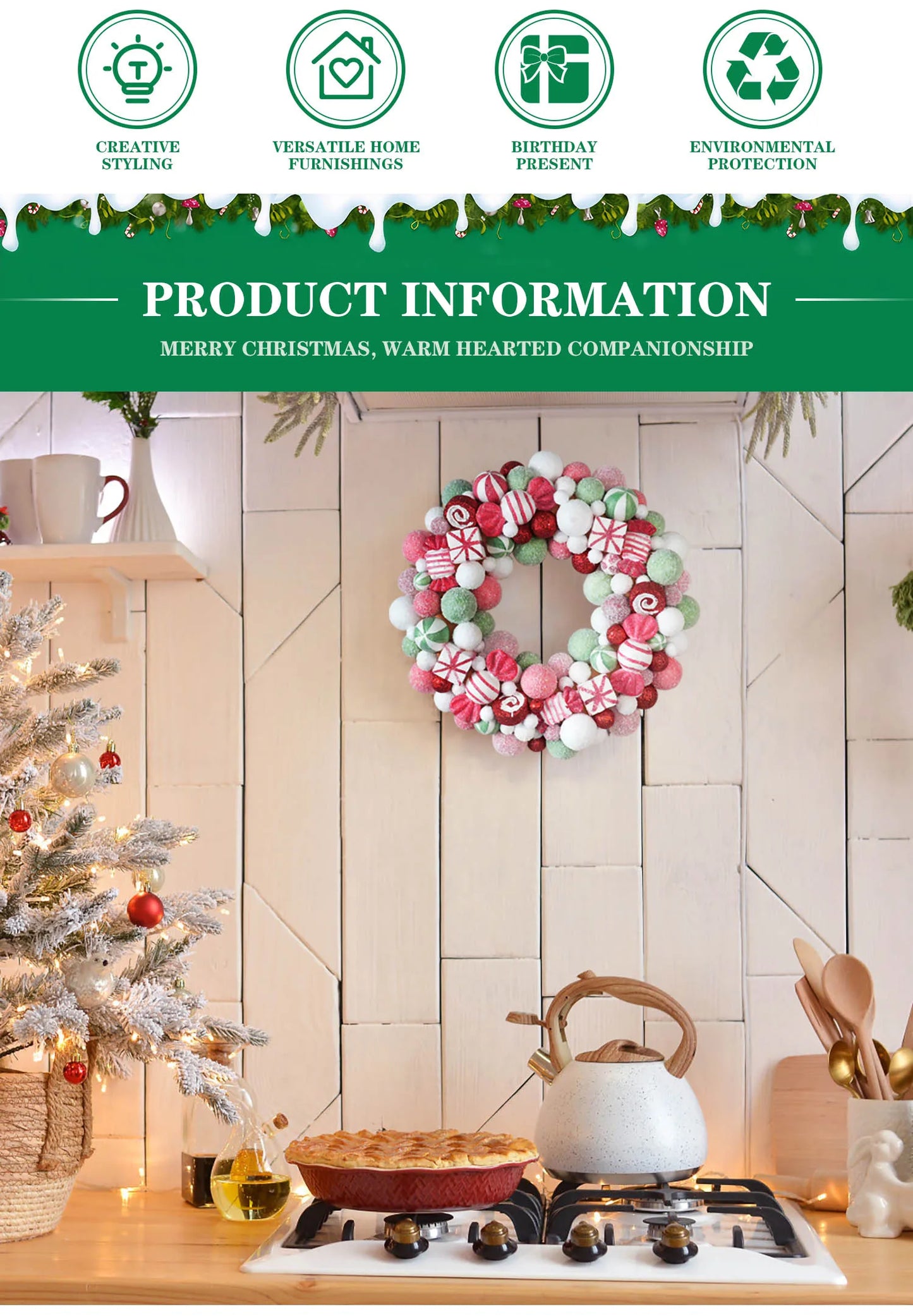 45cm Sweet Christmas Wreath Candy Christmas Ball Decor Garlands For Doors Home Decor Merry Christmas 2024 New Year Decoration