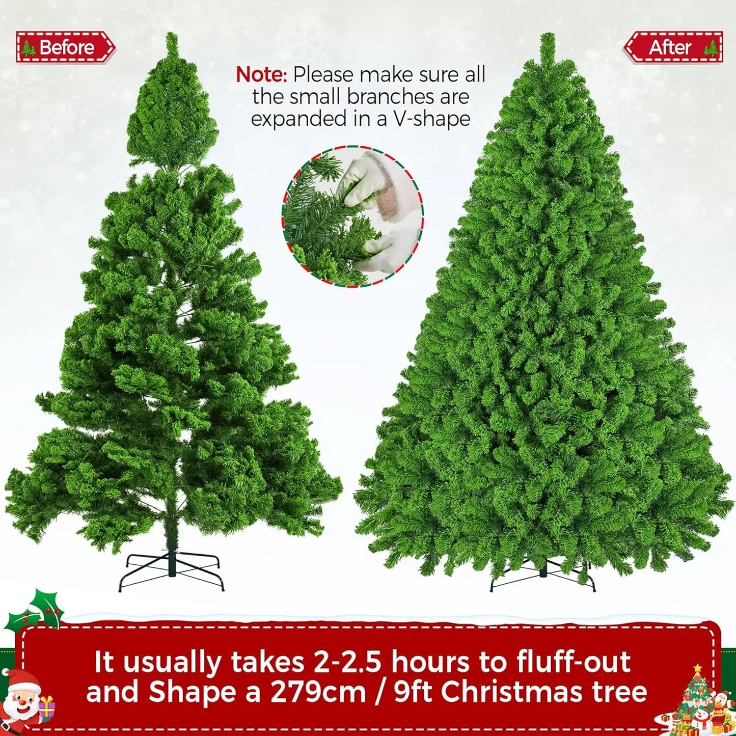 10ft Artificial Christmas Tree , Snow Flocked Full Prelighted Xmas Tree with 2084 Branch Tips, 900 Incandescent Lights