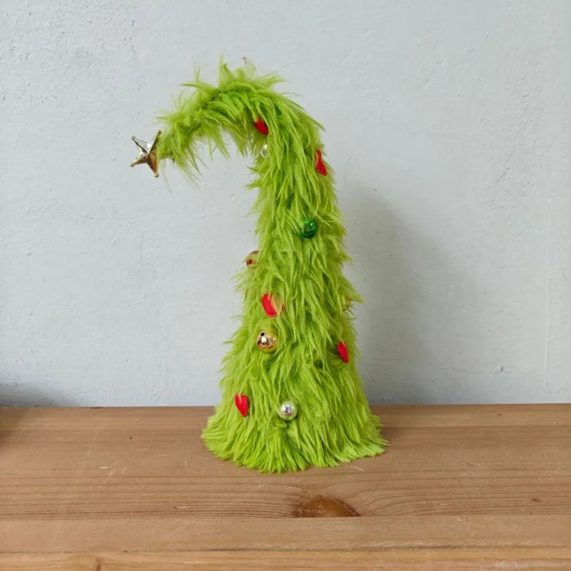 Bendable Christmas Tree Fluffy Green Desktop Xmas Tree with Ladder Grinch Themed Holiday Decor Festive Home Office Decoration