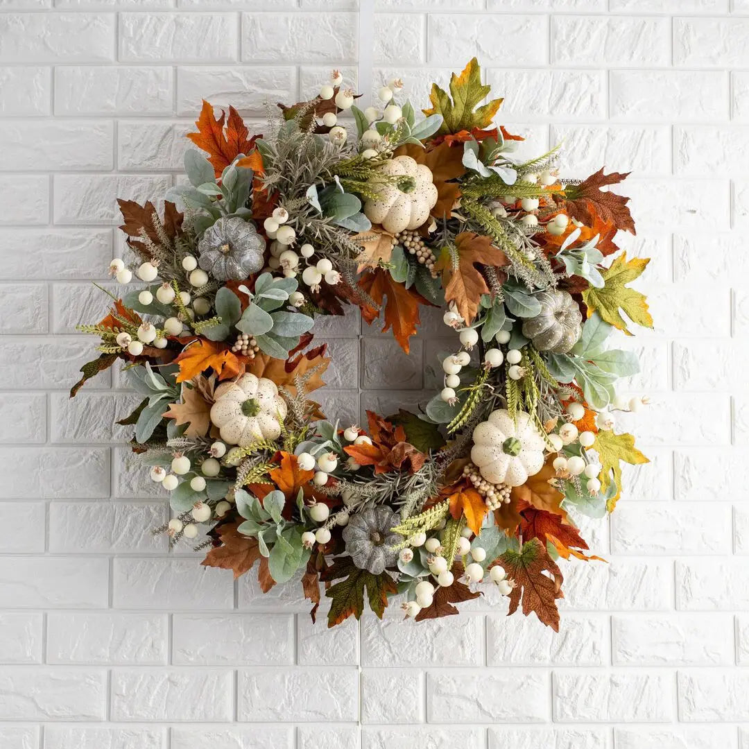 Autumn White Pumpkin Wreath Thanksgiving Decoration Maple Leaf Wreath For Front Door Hanging Indoor Outdoor Wall Home Decor