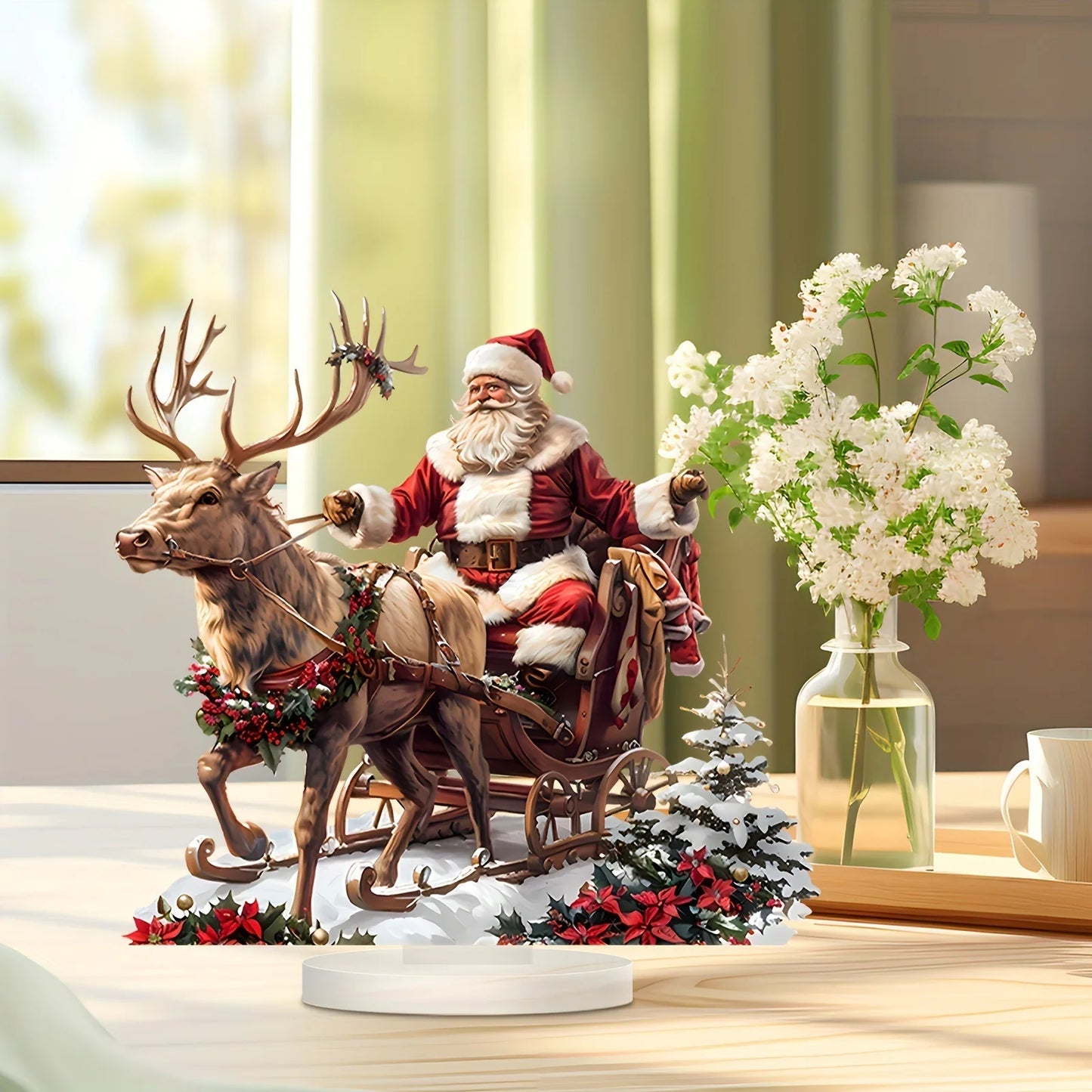 Sleigh Santa Claus Reindeer Sled Tabletop Decoration with Base 2D Acrylic Christmas Ornaments 2025 Xmas Navidad Party Supplies