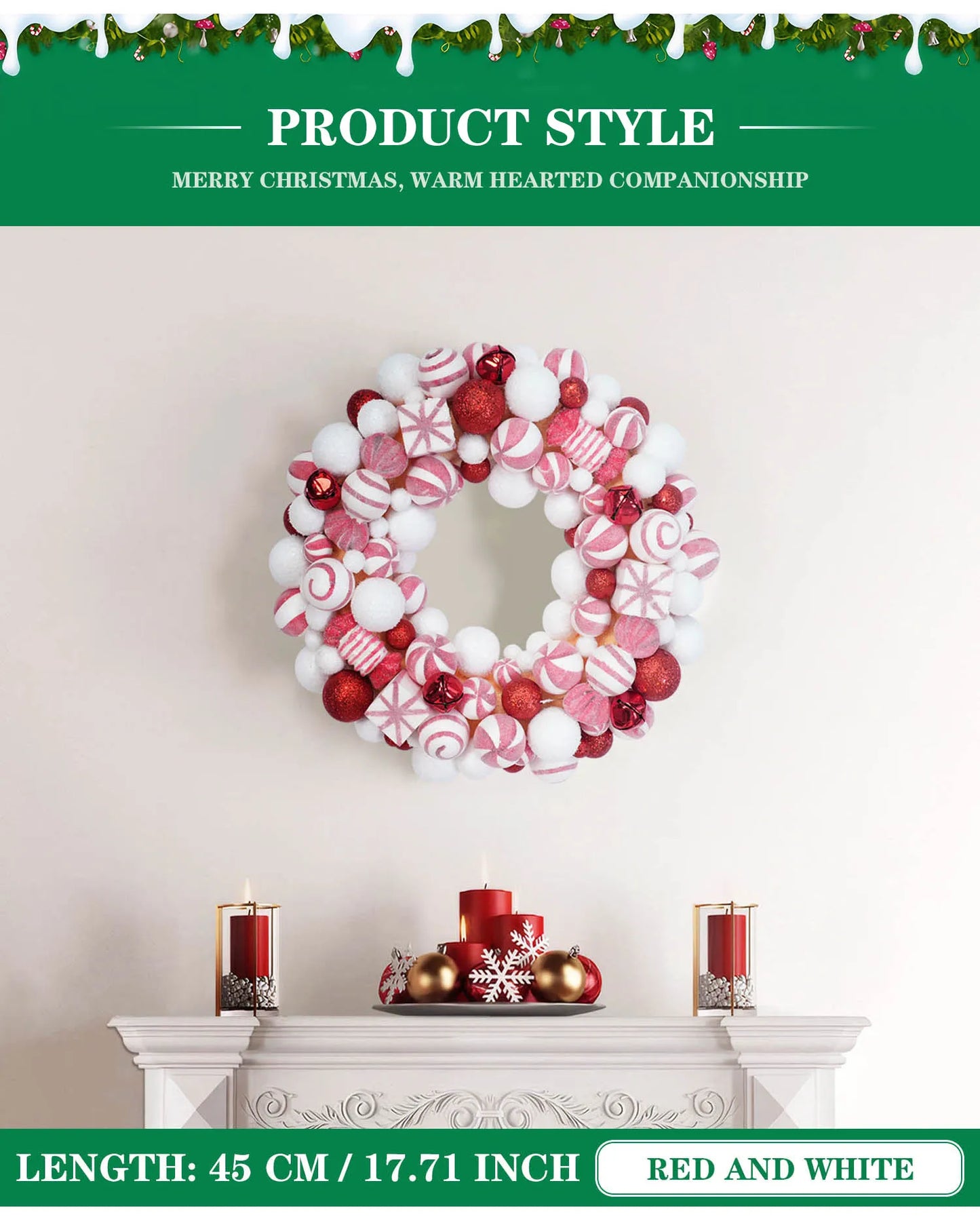 45cm Sweet Christmas Wreath Candy Christmas Ball Decor Garlands For Doors Home Decor Merry Christmas 2024 New Year Decoration