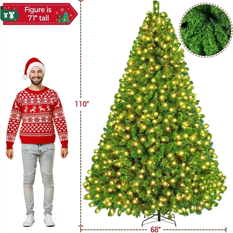 10ft Artificial Christmas Tree , Snow Flocked Full Prelighted Xmas Tree with 2084 Branch Tips, 900 Incandescent Lights