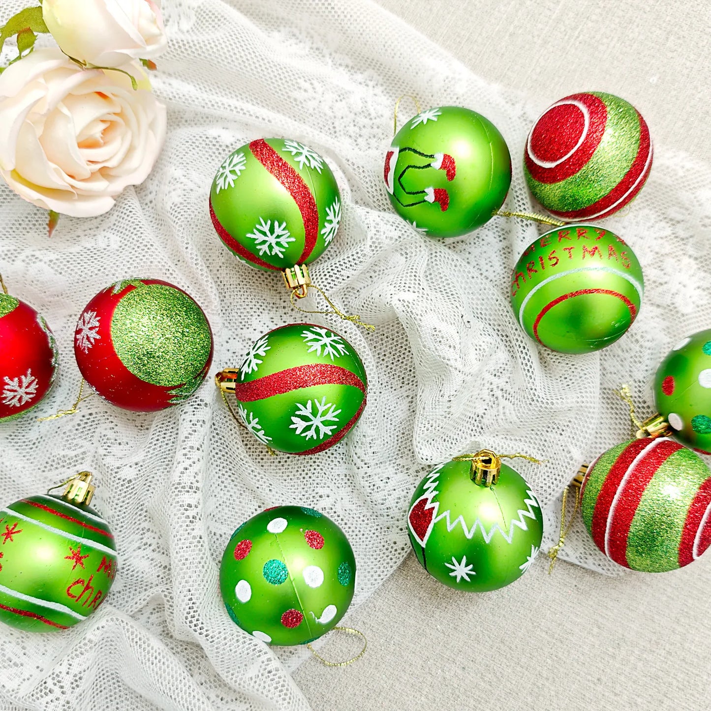 34/12/9pcs Grinch Christmas Ball Decorations Green Monster Xmas Tree Ornaments Green Painted Xmas Ball Set Christmas Home Decor
