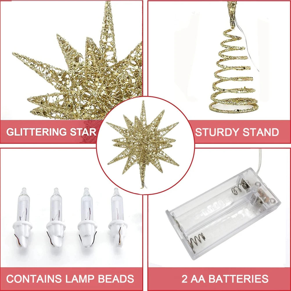Christmas Star Tree Topper 3D Geometric Stars Decorative LED Lights Battery Operated Beautiful Star Lighting With Springy Base