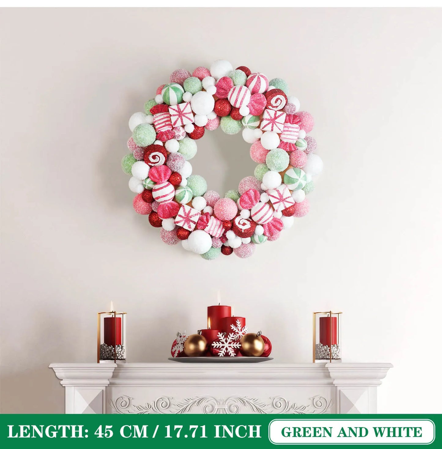 45cm Sweet Christmas Wreath Candy Christmas Ball Decor Garlands For Doors Home Decor Merry Christmas 2024 New Year Decoration