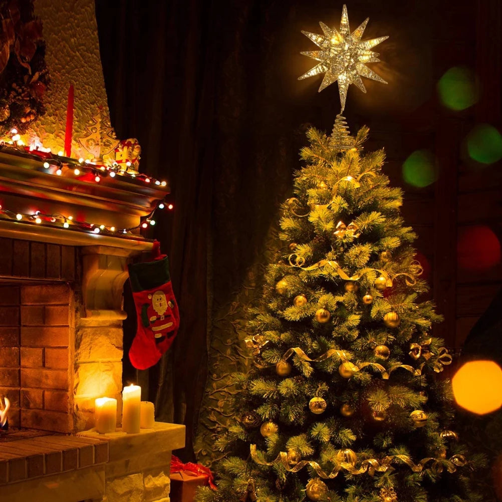 Christmas Star Tree Topper 3D Geometric Stars Decorative LED Lights Battery Operated Beautiful Star Lighting With Springy Base