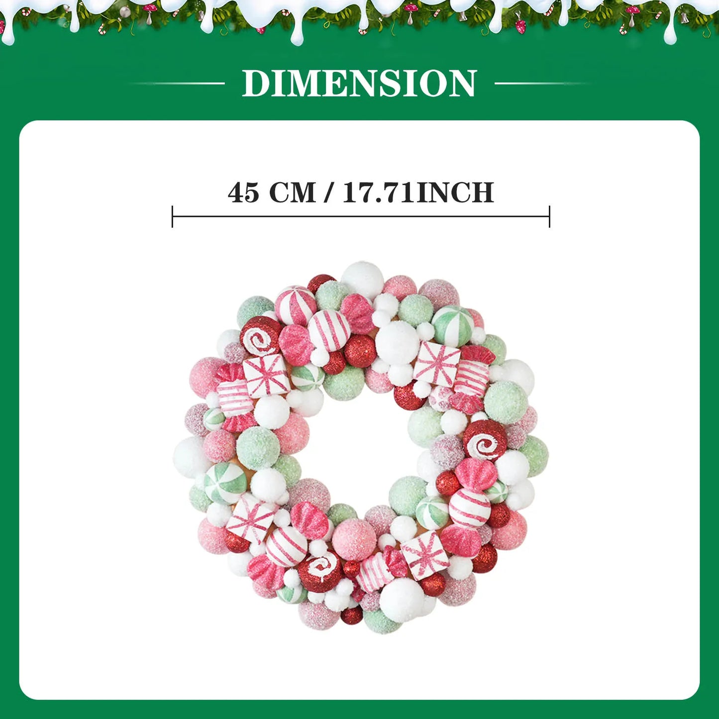 45cm Sweet Christmas Wreath Candy Christmas Ball Decor Garlands For Doors Home Decor Merry Christmas 2024 New Year Decoration