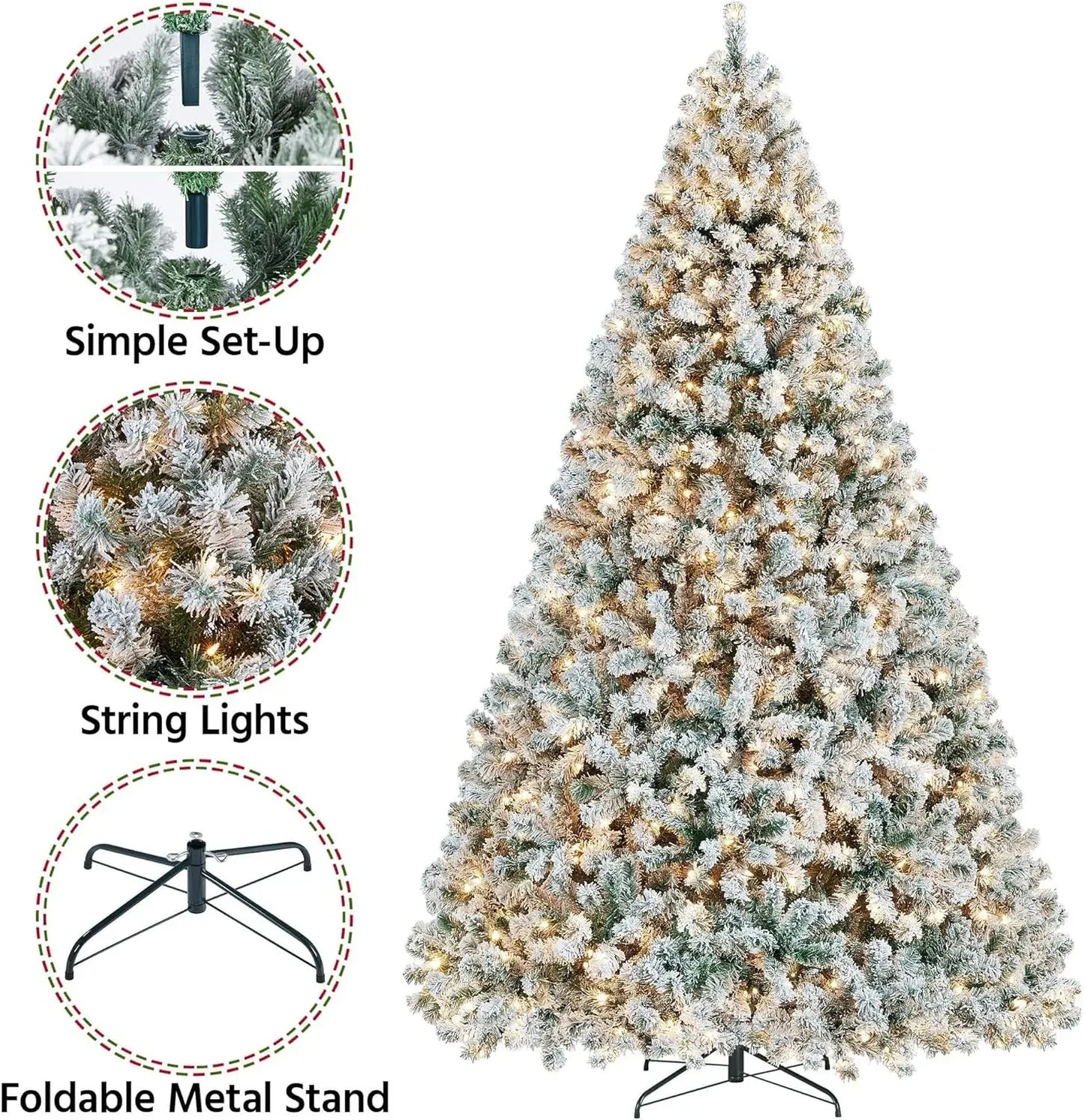 10ft Artificial Christmas Tree , Snow Flocked Full Prelighted Xmas Tree with 2084 Branch Tips, 900 Incandescent Lights