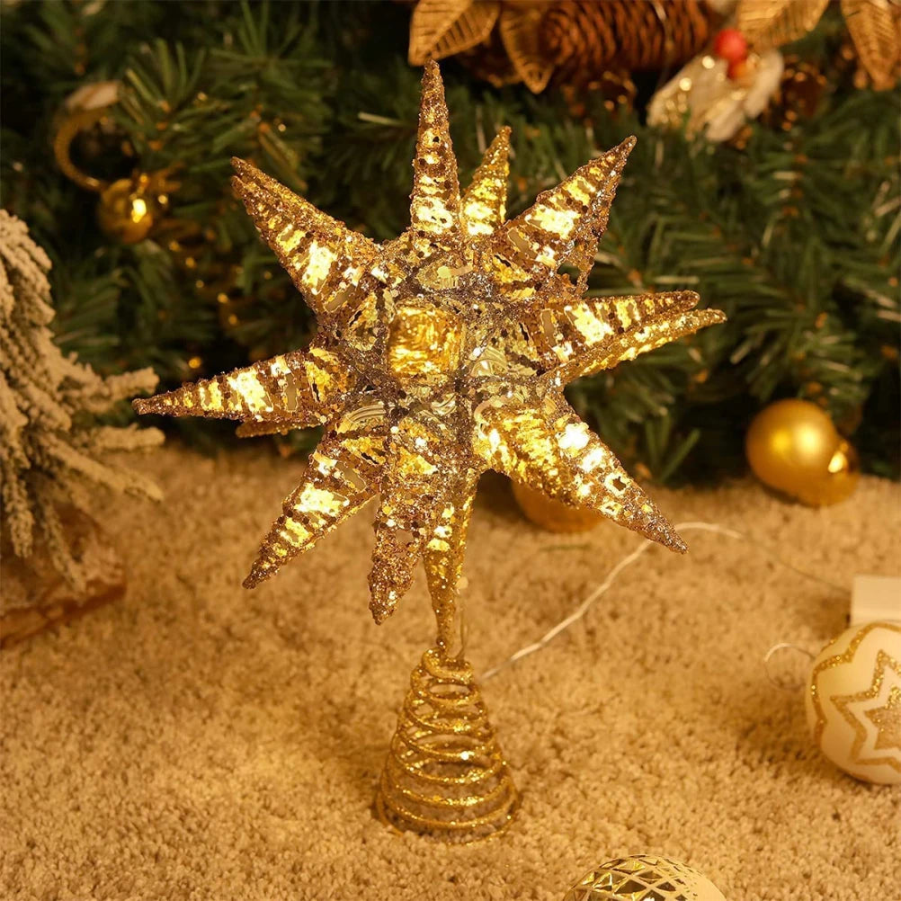 Christmas Star Tree Topper 3D Geometric Stars Decorative LED Lights Battery Operated Beautiful Star Lighting With Springy Base