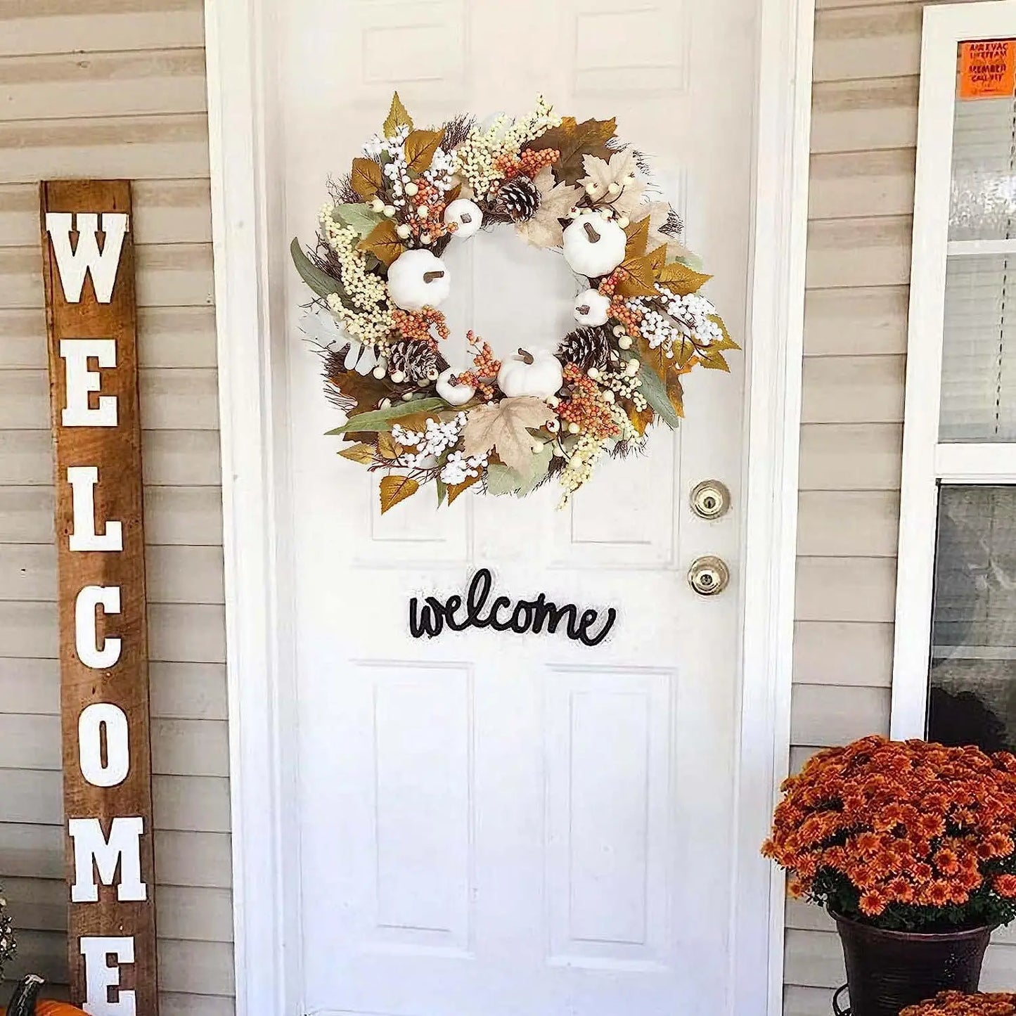 Autumn White Pumpkin Wreath Thanksgiving Decoration Maple Leaf Wreath For Front Door Hanging Indoor Outdoor Wall Home Decor