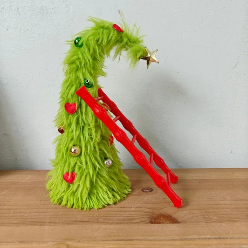 Bendable Christmas Tree Fluffy Green Desktop Xmas Tree with Ladder Grinch Themed Holiday Decor Festive Home Office Decoration