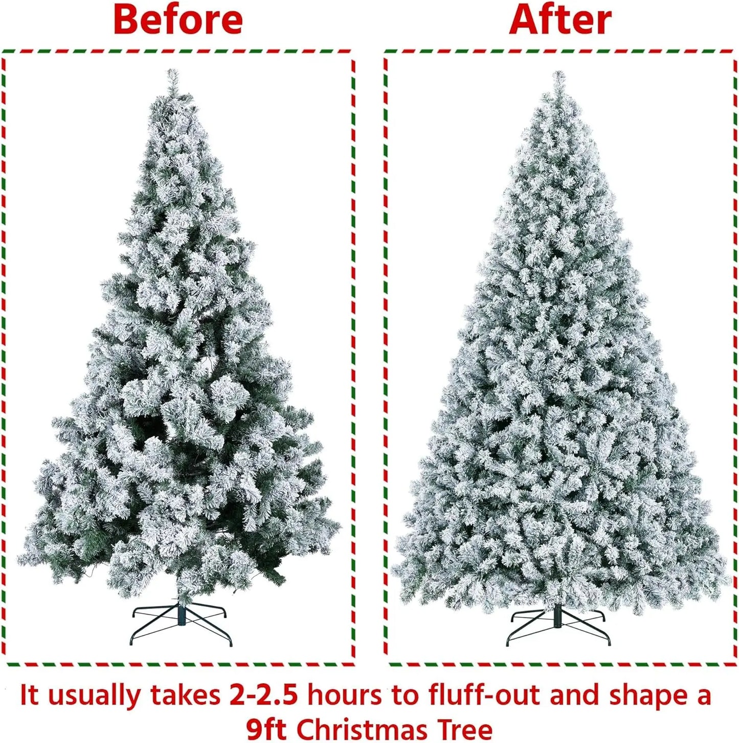 10ft Artificial Christmas Tree , Snow Flocked Full Prelighted Xmas Tree with 2084 Branch Tips, 900 Incandescent Lights
