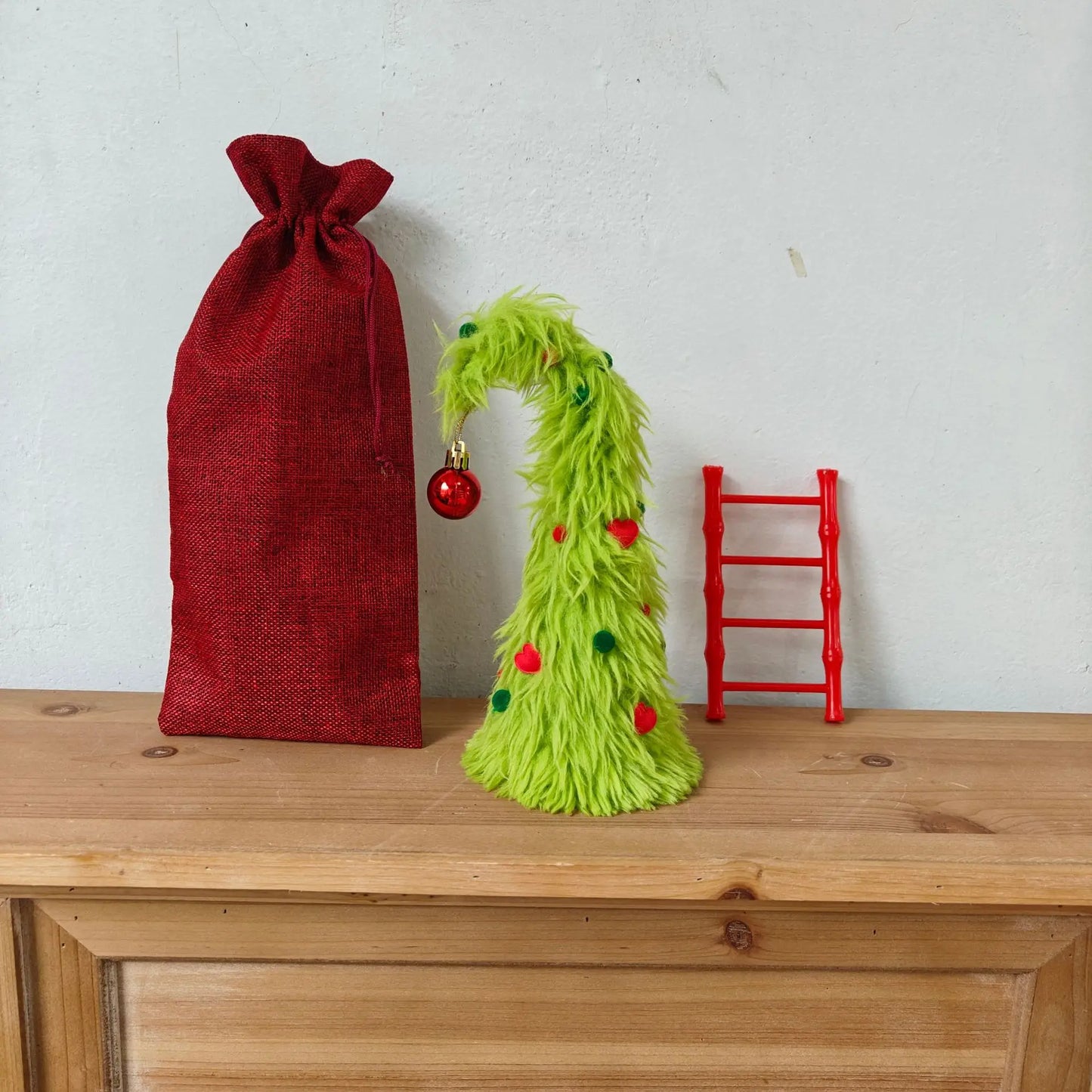 Bendable Christmas Tree Fluffy Green Desktop Xmas Tree with Ladder Grinch Themed Holiday Decor Festive Home Office Decoration