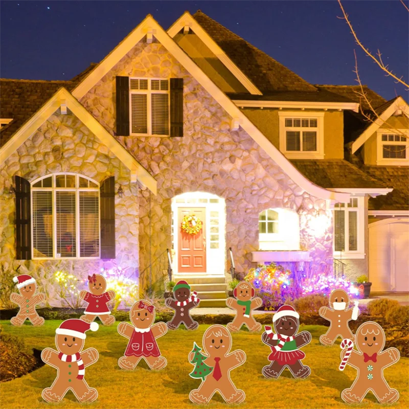 10Pcs Gingerbread Yard Decorative Signs Christmas Garden Patio Ornament Easy Install Xmas Winter Home Decor Ground Stake