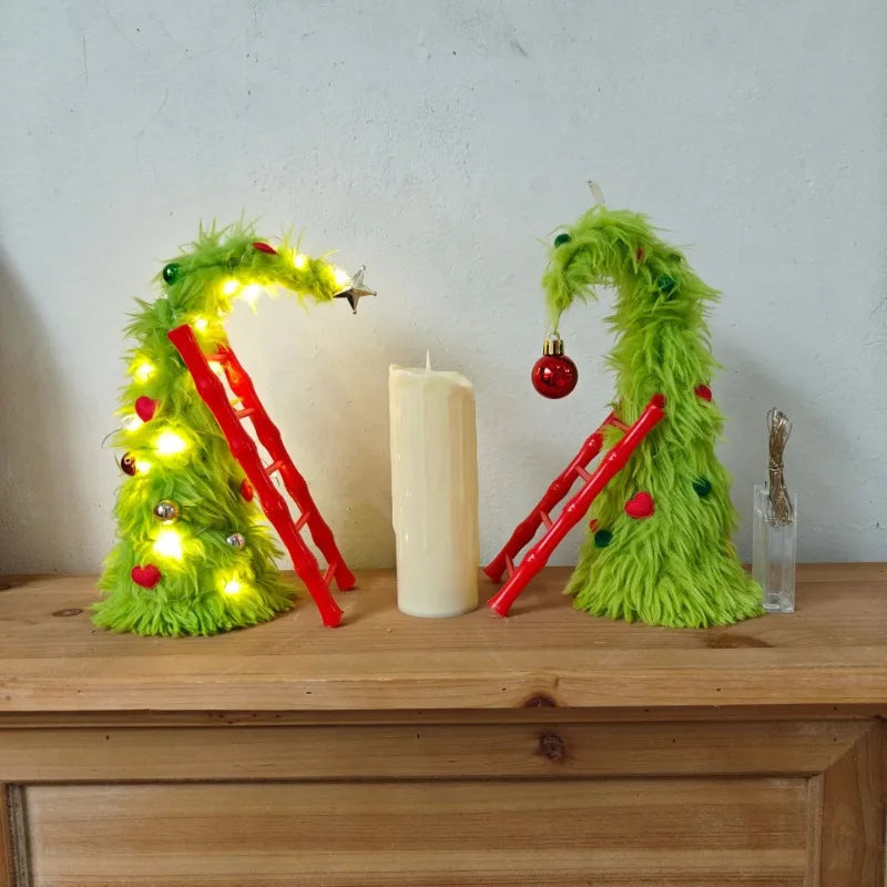Bendable Christmas Tree Fluffy Green Desktop Xmas Tree with Ladder Grinch Themed Holiday Decor Festive Home Office Decoration