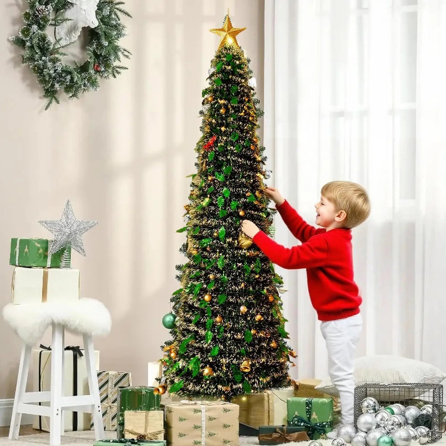 Christmas Tree Small 5 Ft Backyard Festival Decor Foldable Faux Christmas Tree for Indoor Outdoor for Patio Kitchen Party