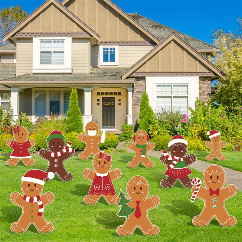 10Pcs Gingerbread Yard Decorative Signs Christmas Garden Patio Ornament Easy Install Xmas Winter Home Decor Ground Stake