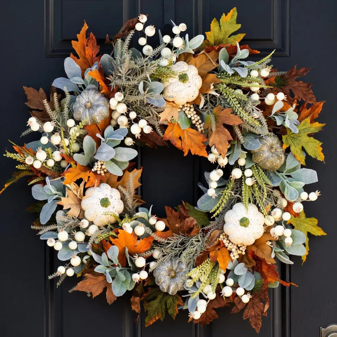 Autumn White Pumpkin Wreath Thanksgiving Decoration Maple Leaf Wreath For Front Door Hanging Indoor Outdoor Wall Home Decor