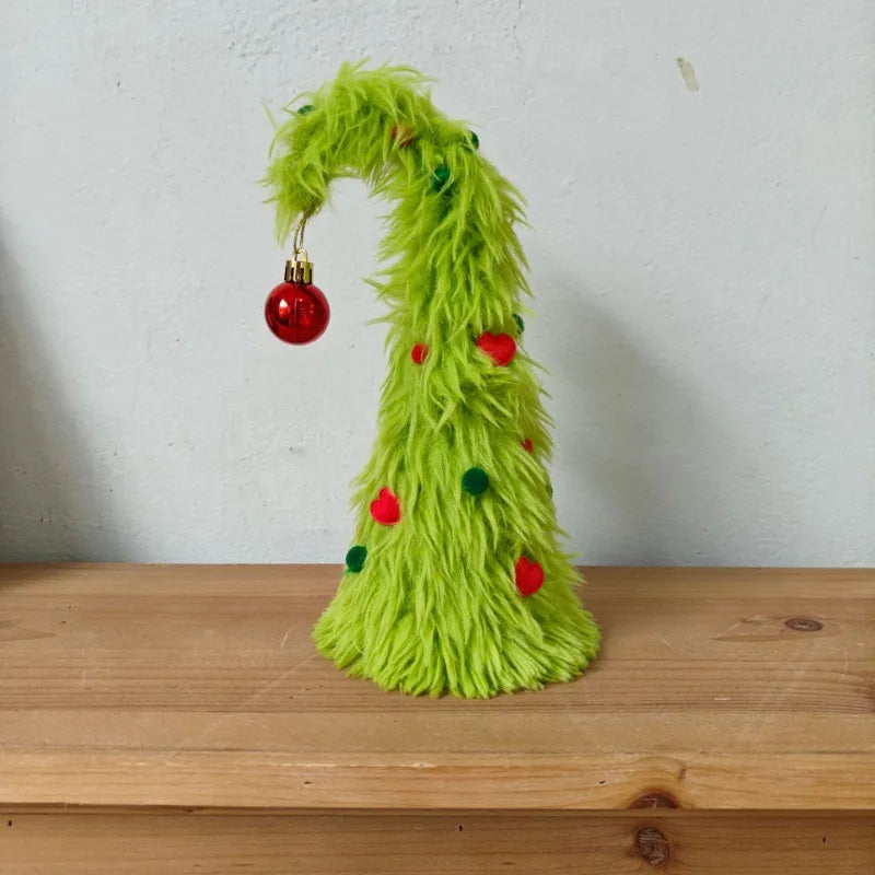 Bendable Christmas Tree Fluffy Green Desktop Xmas Tree with Ladder Grinch Themed Holiday Decor Festive Home Office Decoration