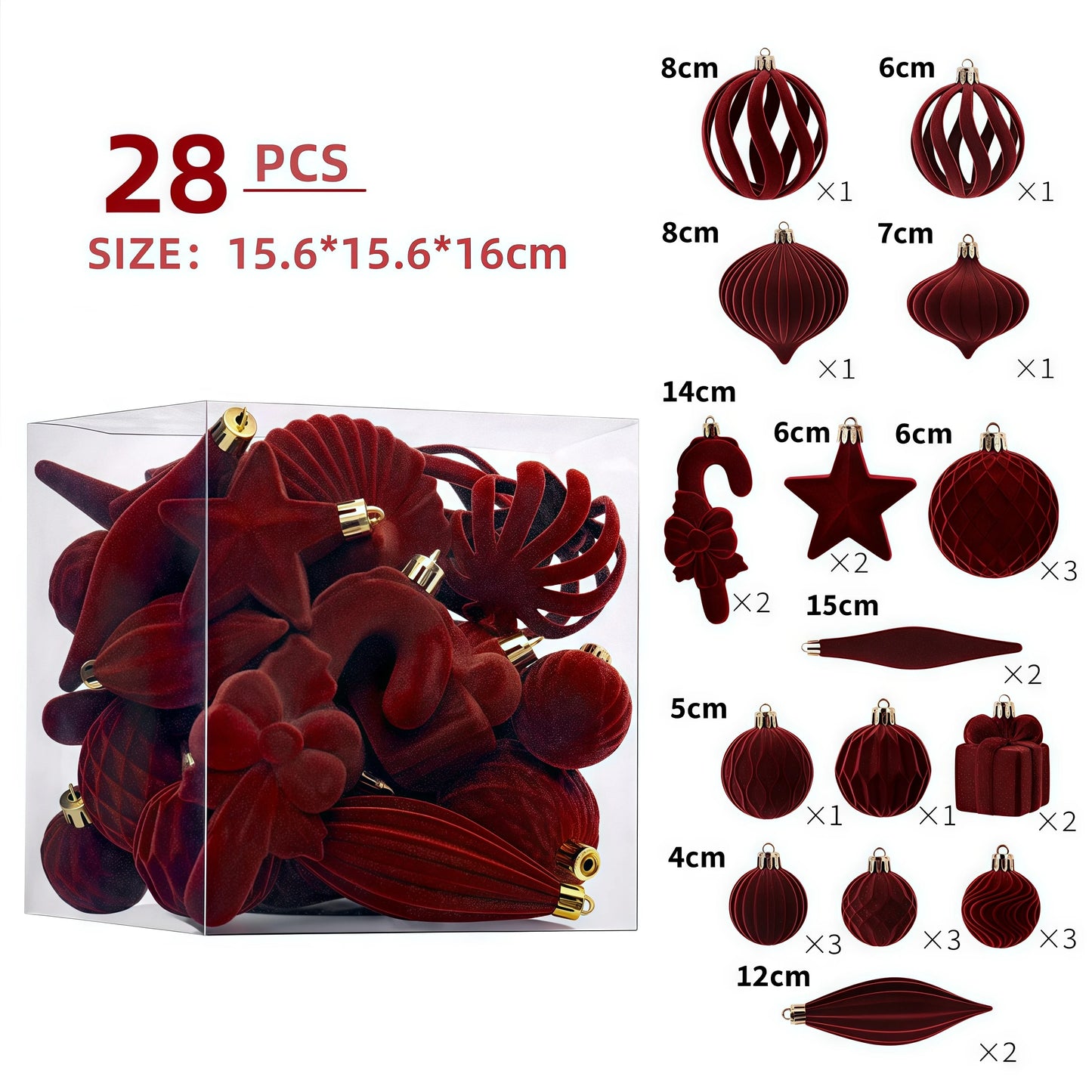 28PCS Multi Size Velvet Christmas Ball Set Star Scepter Round Xmas Ball Santa Tree Ornaments Home Christmas Decorations Gifts