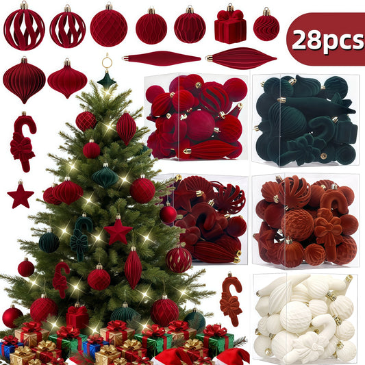 28PCS Multi Size Velvet Christmas Ball Set Star Scepter Round Xmas Ball Santa Tree Ornaments Home Christmas Decorations Gifts