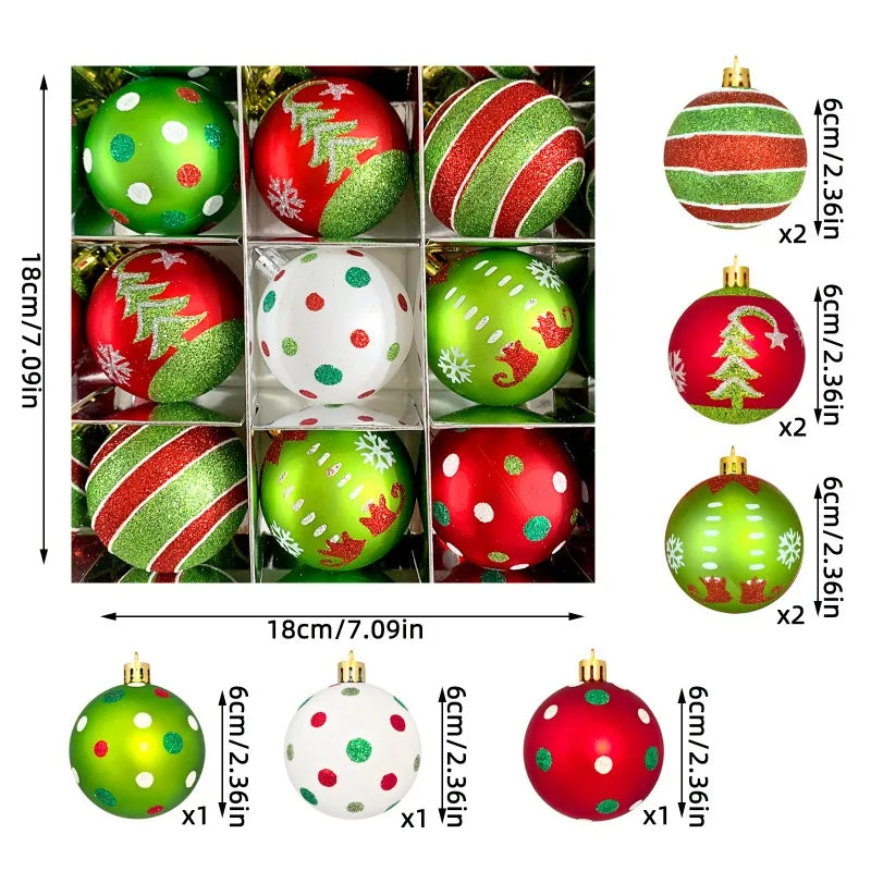 34/12/9pcs Grinch Christmas Ball Decorations Green Monster Xmas Tree Ornaments Green Painted Xmas Ball Set Christmas Home Decor
