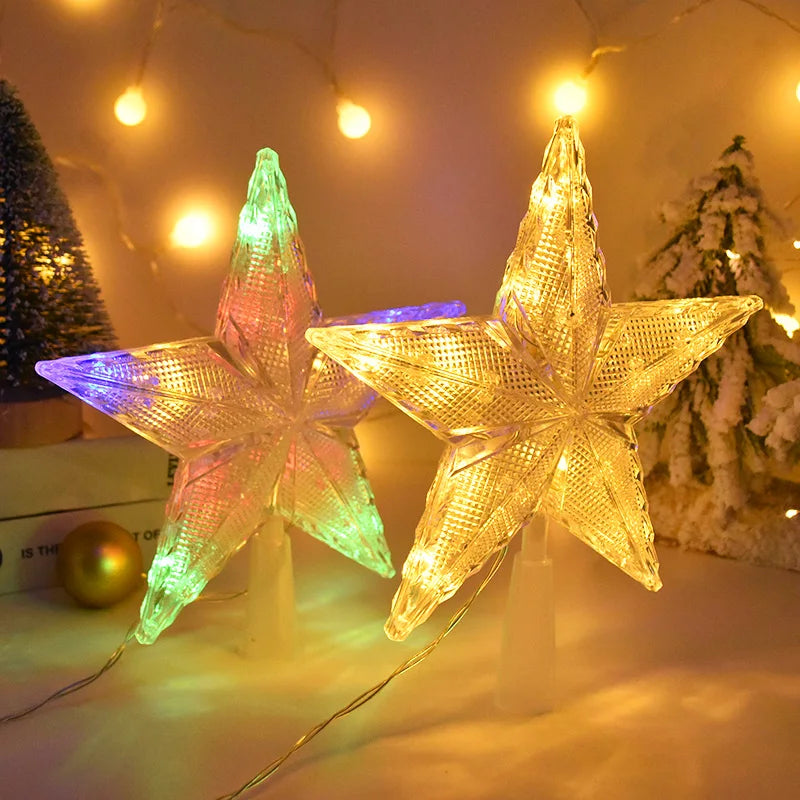 Christmas Tree Five-pointed Star LED Light Fairy Topper Lighted Lamp Battery Powered Home Xmas New Year Decoration Gift
