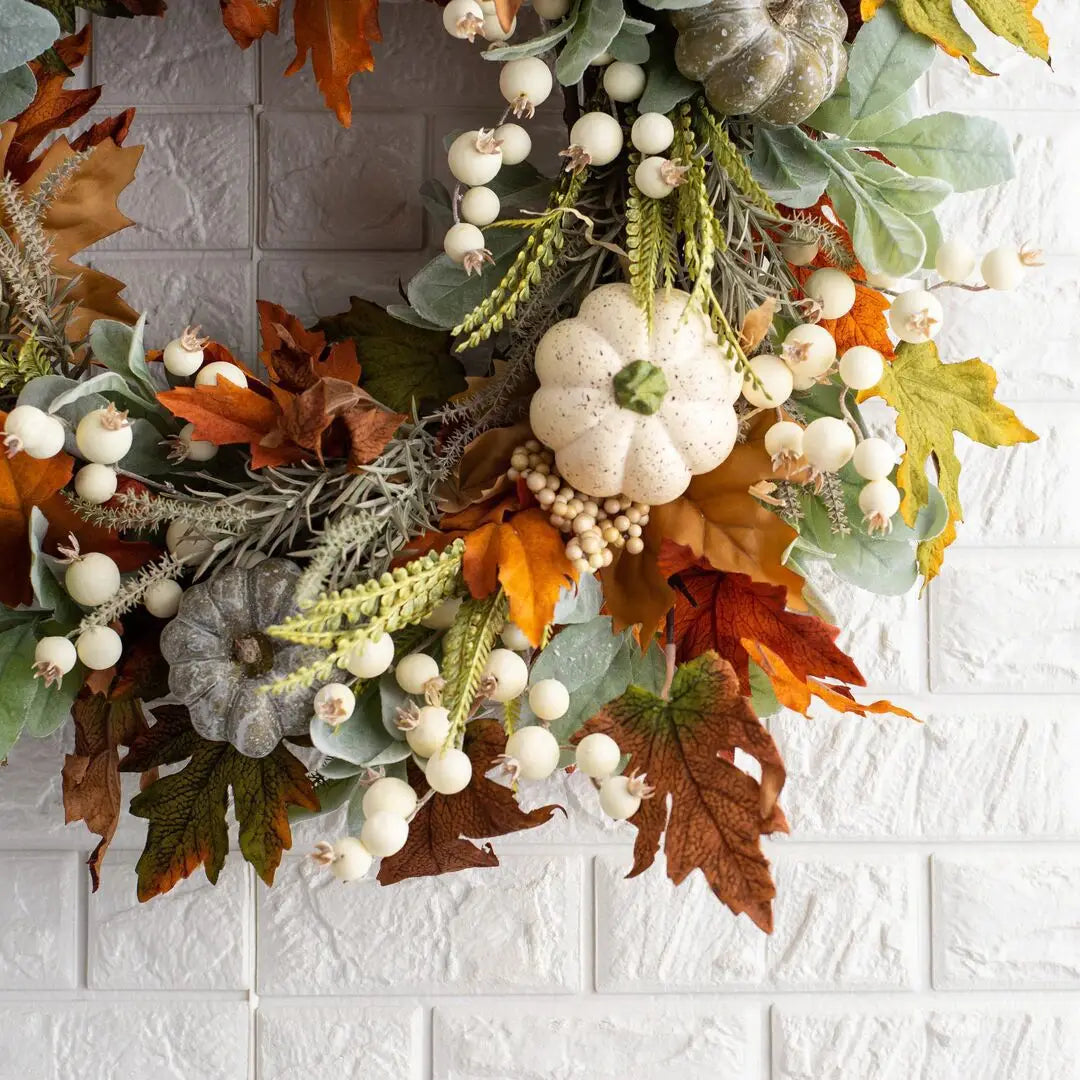 Autumn White Pumpkin Wreath Thanksgiving Decoration Maple Leaf Wreath For Front Door Hanging Indoor Outdoor Wall Home Decor