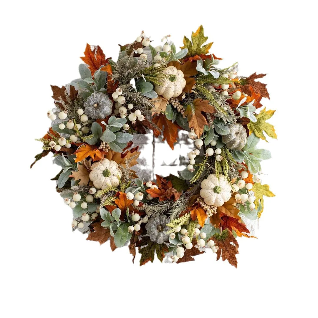 Autumn White Pumpkin Wreath Thanksgiving Decoration Maple Leaf Wreath For Front Door Hanging Indoor Outdoor Wall Home Decor